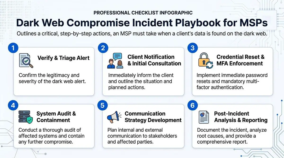 An infographic detailing a six-step incident response playbook for managed service providers regarding dark web compromises.