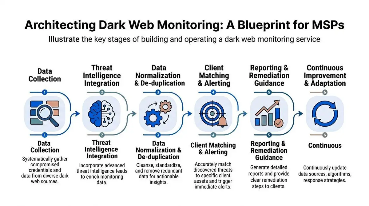 A six-stage workflow infographic illustrating the process of architecting a comprehensive dark web monitoring service for MSPs.