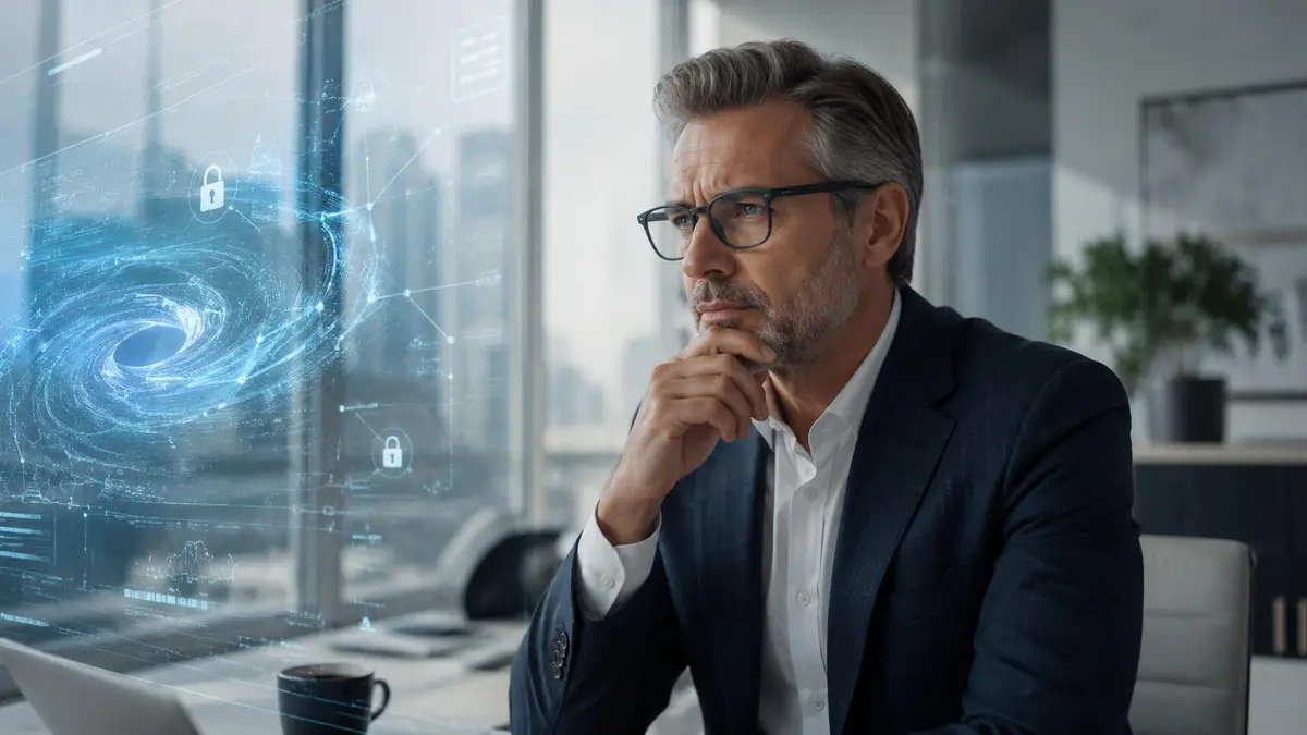 A professional man in a suit looks thoughtfully at a futuristic blue digital data security interface.