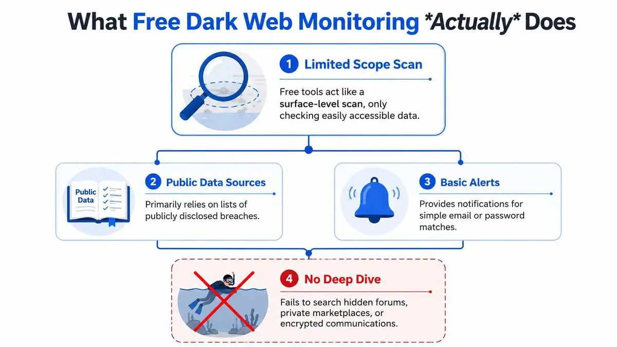 An infographic titled What Free Dark Web Monitoring Actually Does, showing limitations of free security scan tools.