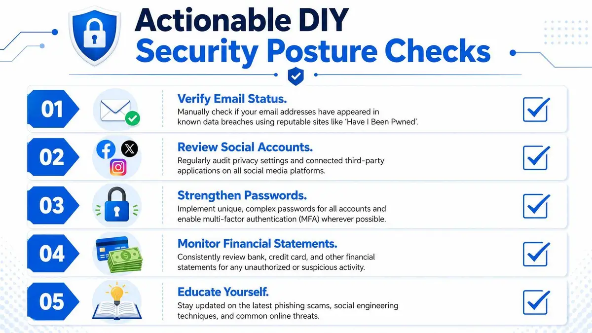 An infographic titled Actionable DIY Security Posture Checks featuring five numbered tips for personal online security.