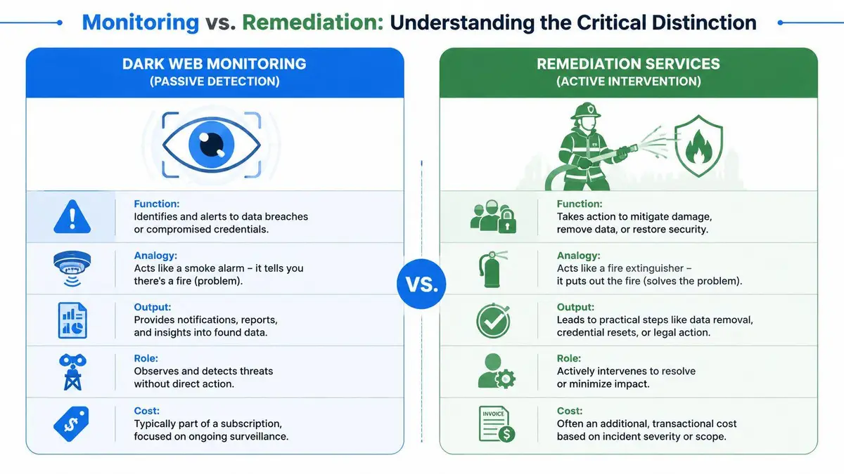 A comparison chart showing the differences between passive dark web monitoring and active remediation services for security.
