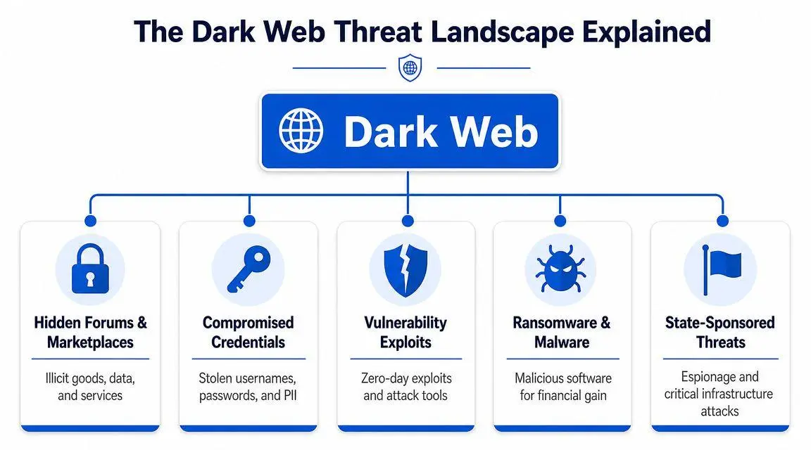 A diagram illustrating the Dark Web threat landscape, including illicit marketplaces, compromised credentials, exploits, and cyber threats.