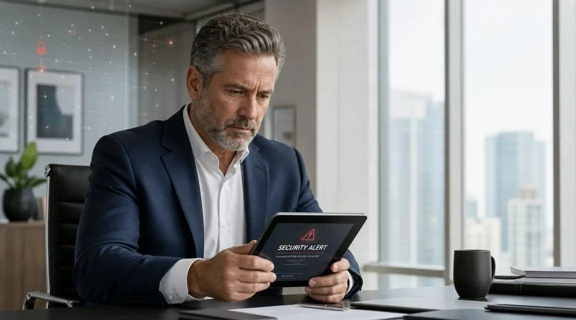 A concerned businessman looking at a security alert notification on his tablet in a modern office.