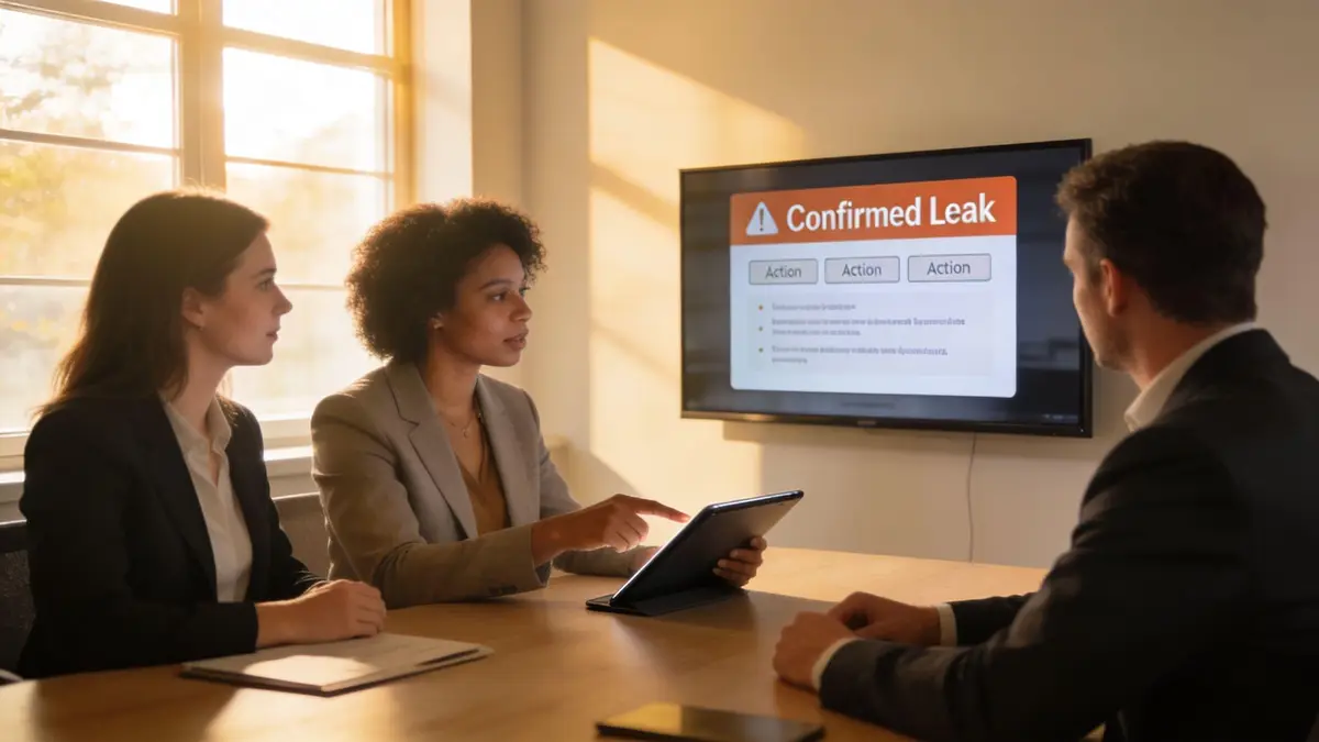 A professional team discussing a data breach alert shown on a monitor during a business meeting.