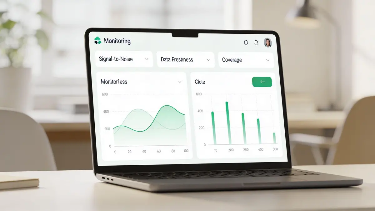 A modern laptop displaying a digital monitoring dashboard with data charts and graphs on a desk.