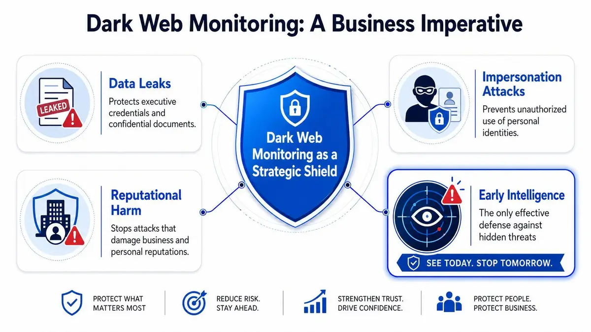 An infographic titled Dark Web Monitoring: A Business Imperative illustrating how it serves as a strategic shield.