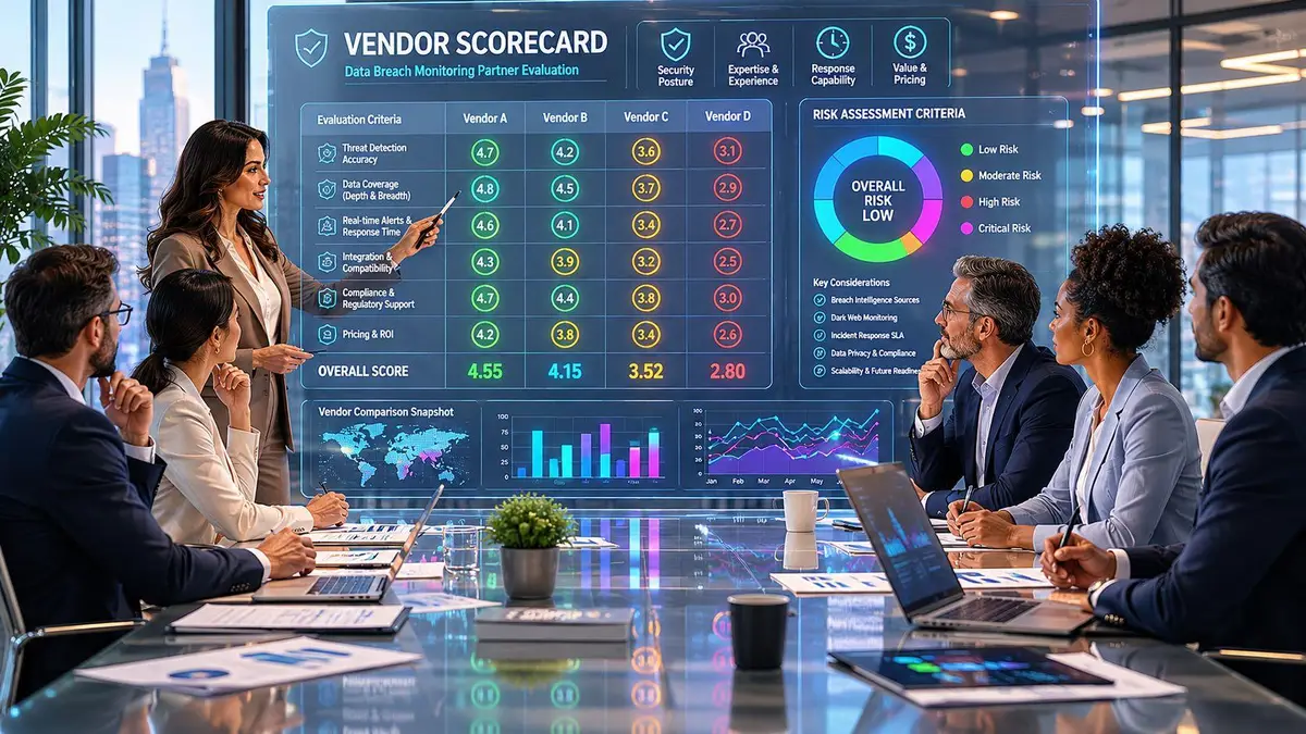 A professional business team holding a strategy meeting in a modern office with digital data visualization.