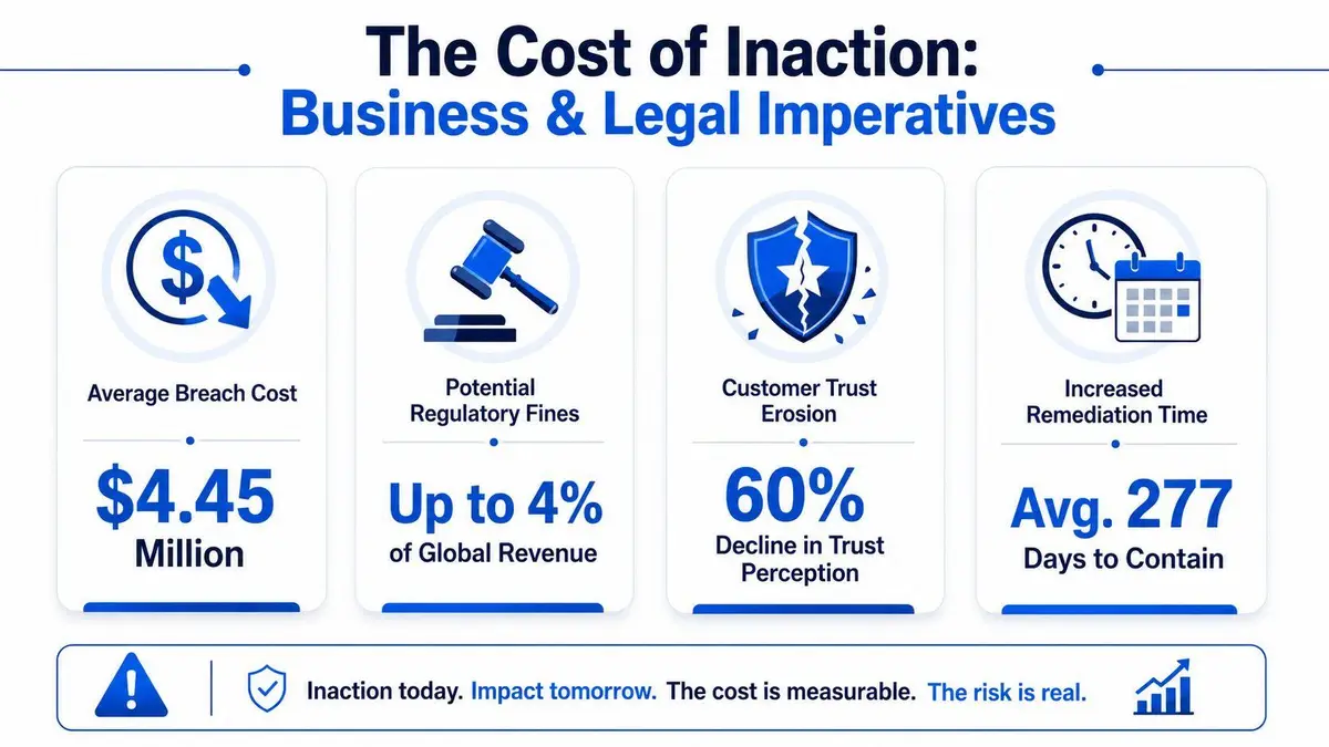 An infographic showing the financial, legal, and operational costs of failing to prevent data breaches.