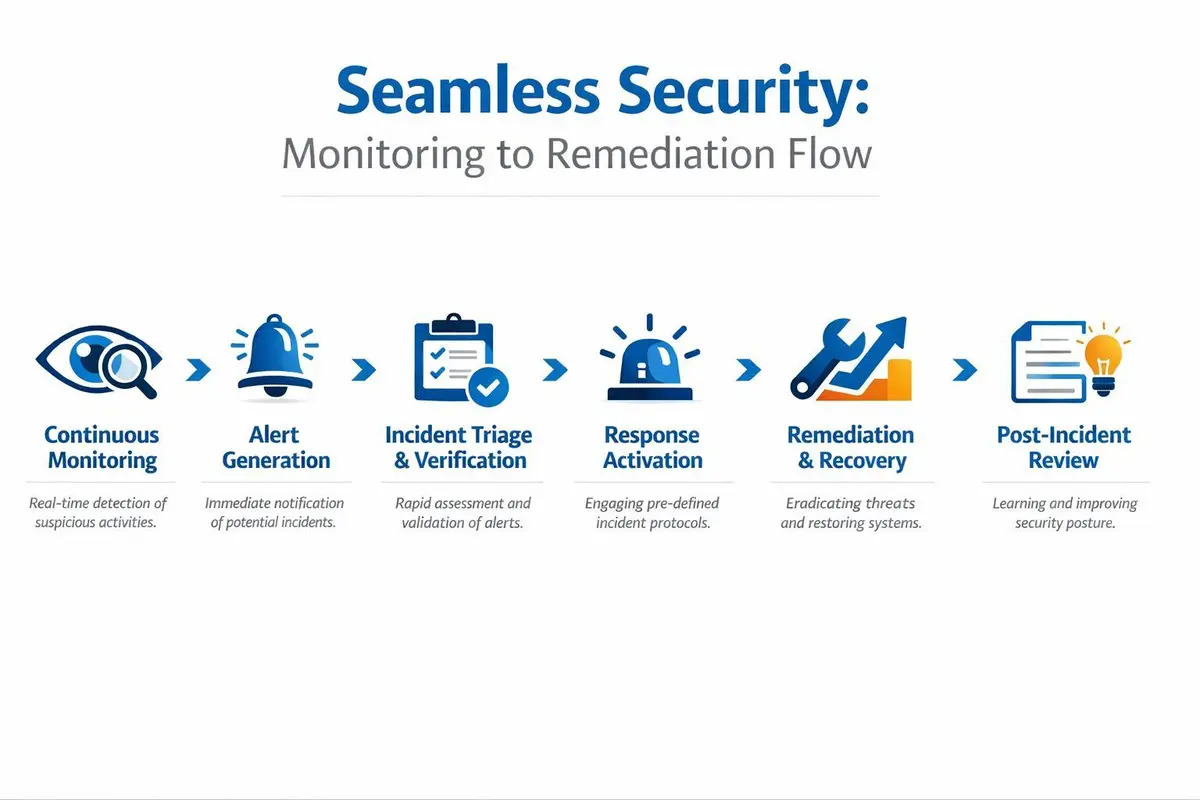 A process diagram showing the six steps of a seamless security monitoring to remediation workflow.