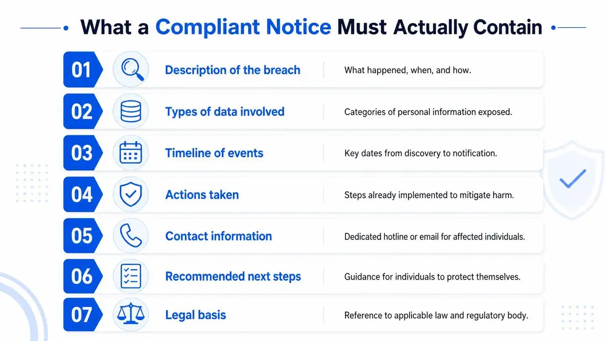 An infographic titled What a Compliant Notice Must Actually Contain, listing seven essential elements for data breach notifications.