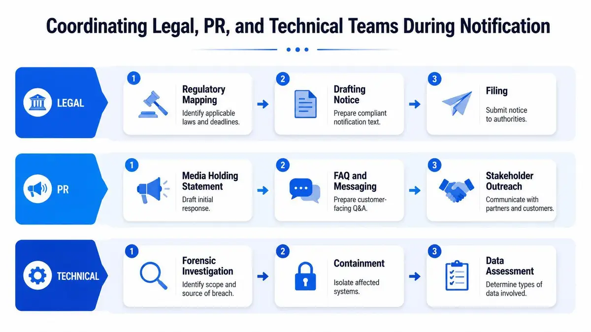 A flowchart diagram illustrating the coordination of legal, PR, and technical teams during a data breach notification process.