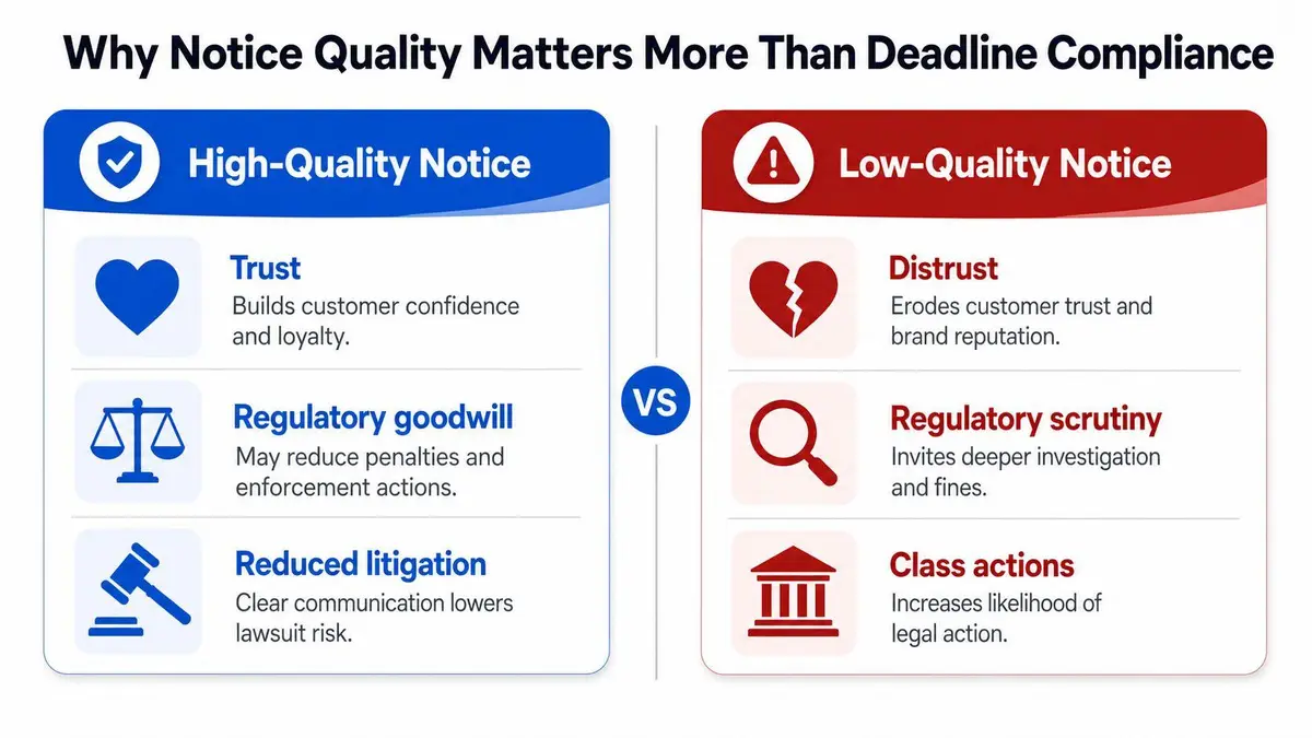 A comparison chart showing why high-quality notices build trust while low-quality notices lead to legal risks.