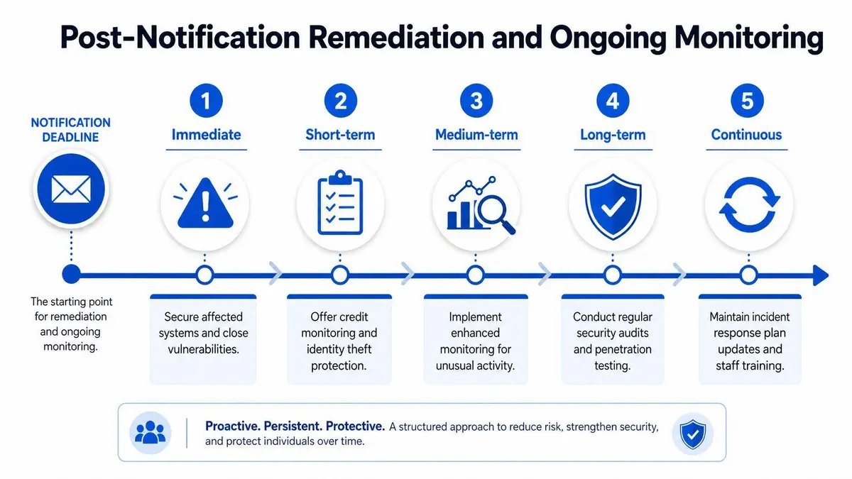 A diagram outlining a five-step process for post-notification remediation and ongoing security monitoring after a data breach.
