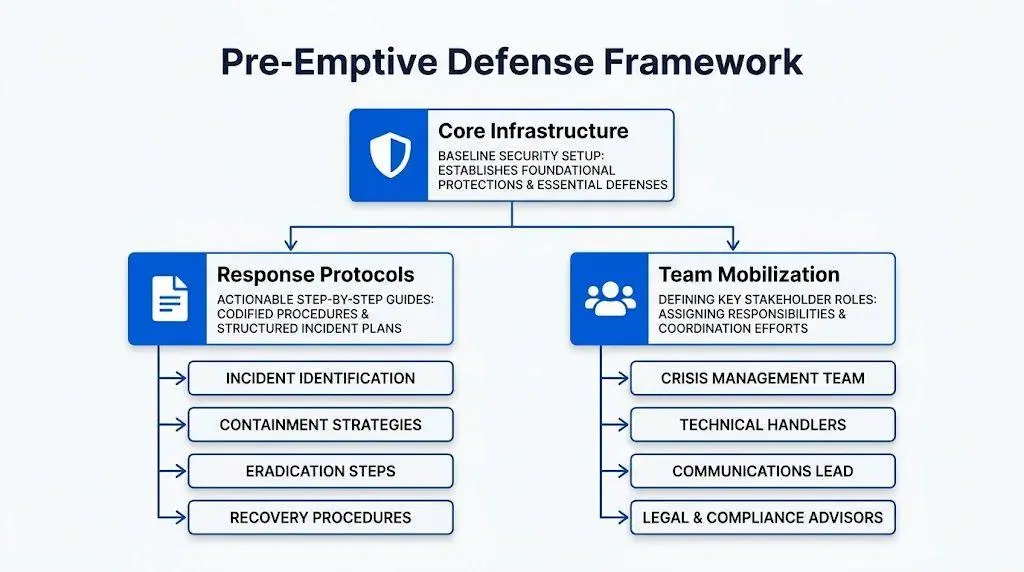 A diagram illustrating a pre-emptive defense framework with core infrastructure, response protocols, and team mobilization components.