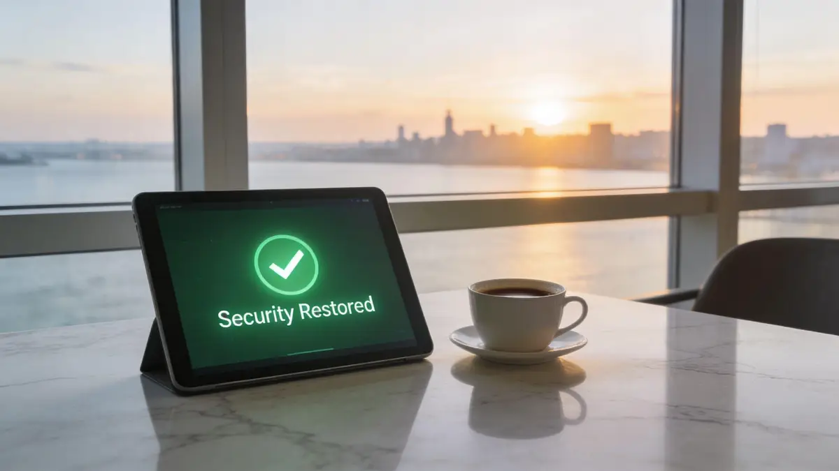 A digital tablet displaying a Security Restored notification sits on a table next to a coffee cup.