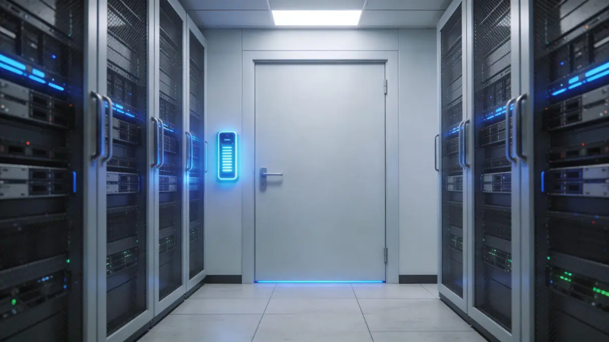 A secure, modern server room corridor featuring rows of server racks and a locked metal security door.