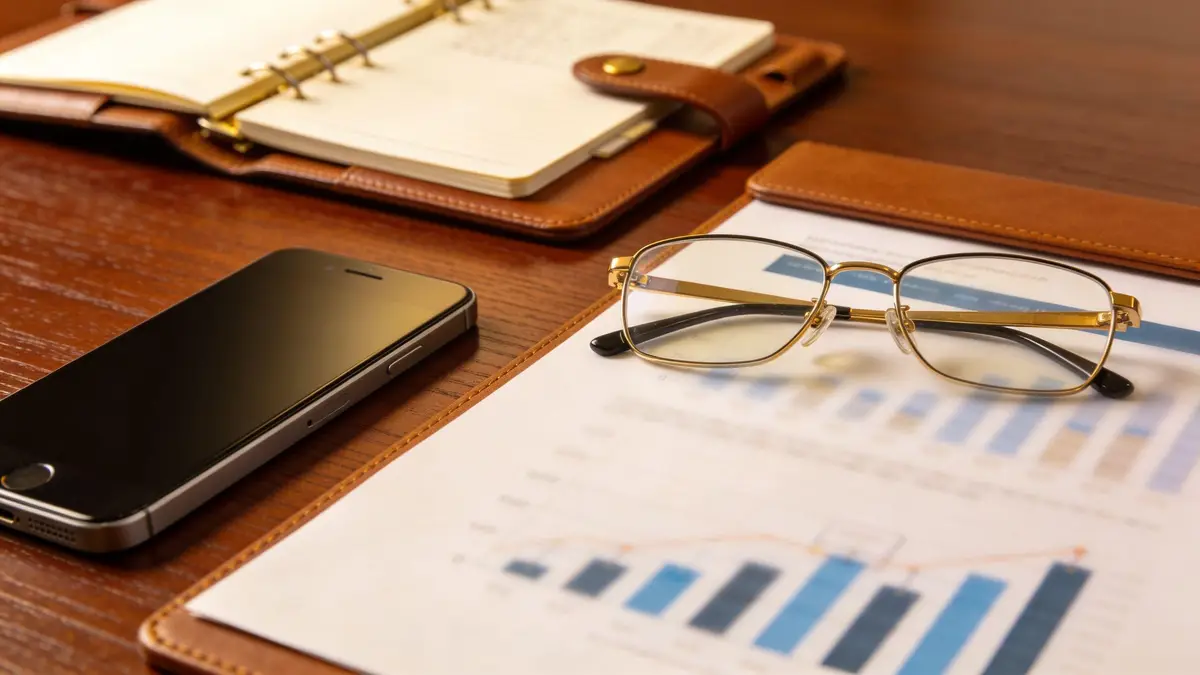 A leather organizer, a smartphone, and glasses on a wooden desk with financial charts.