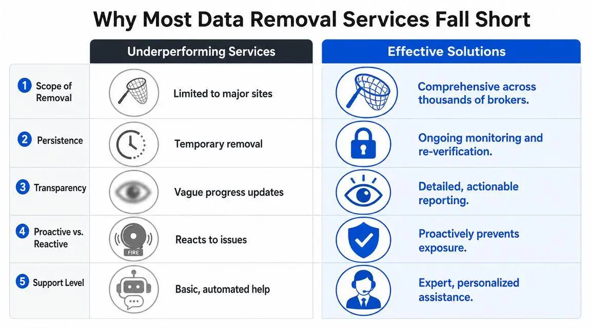 A comparison chart showing how effective data removal services differ from underperforming solutions across five key metrics.