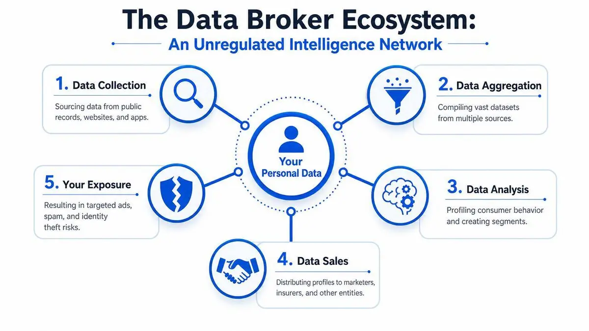 A diagram illustrating the data broker ecosystem process from personal data collection to consumer exposure risks.