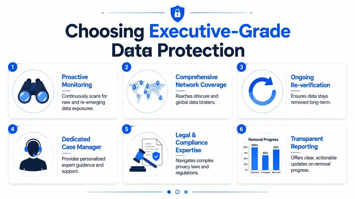 An infographic detailing six essential features for executive-grade data protection services including monitoring, global coverage, and reporting.