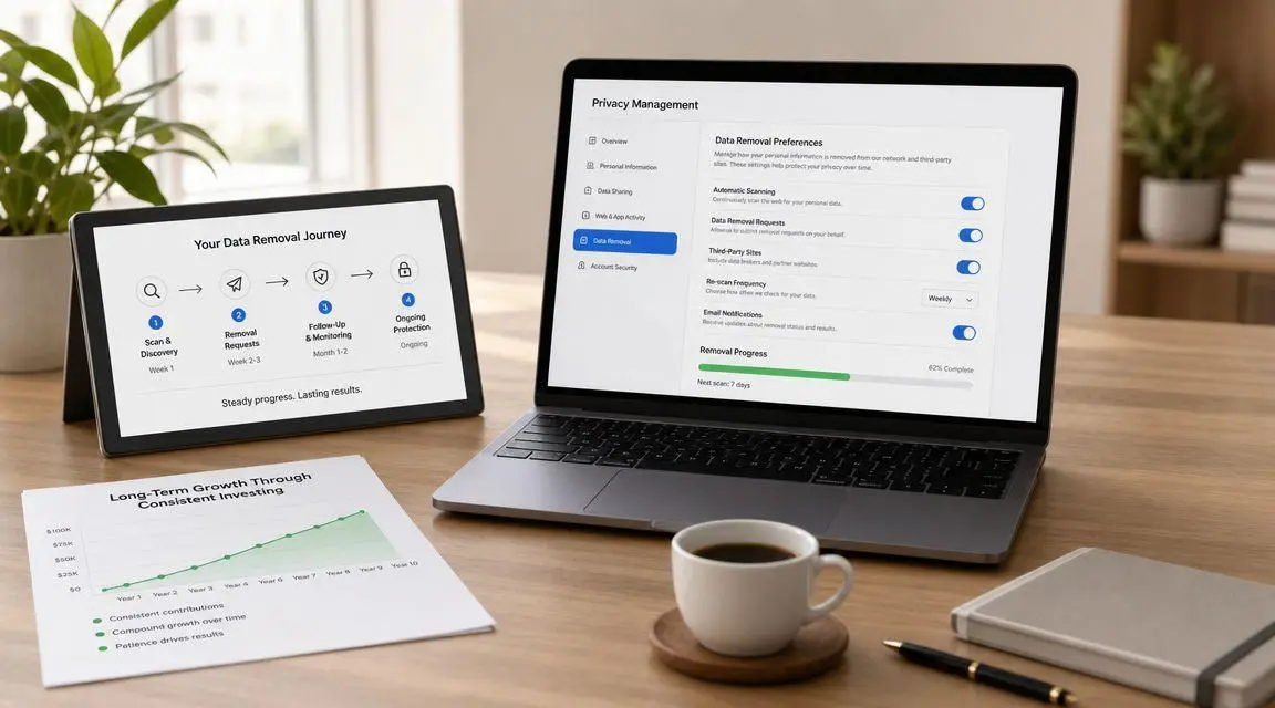 A desk workspace showing a tablet with data removal steps, a laptop with privacy settings, and a chart.