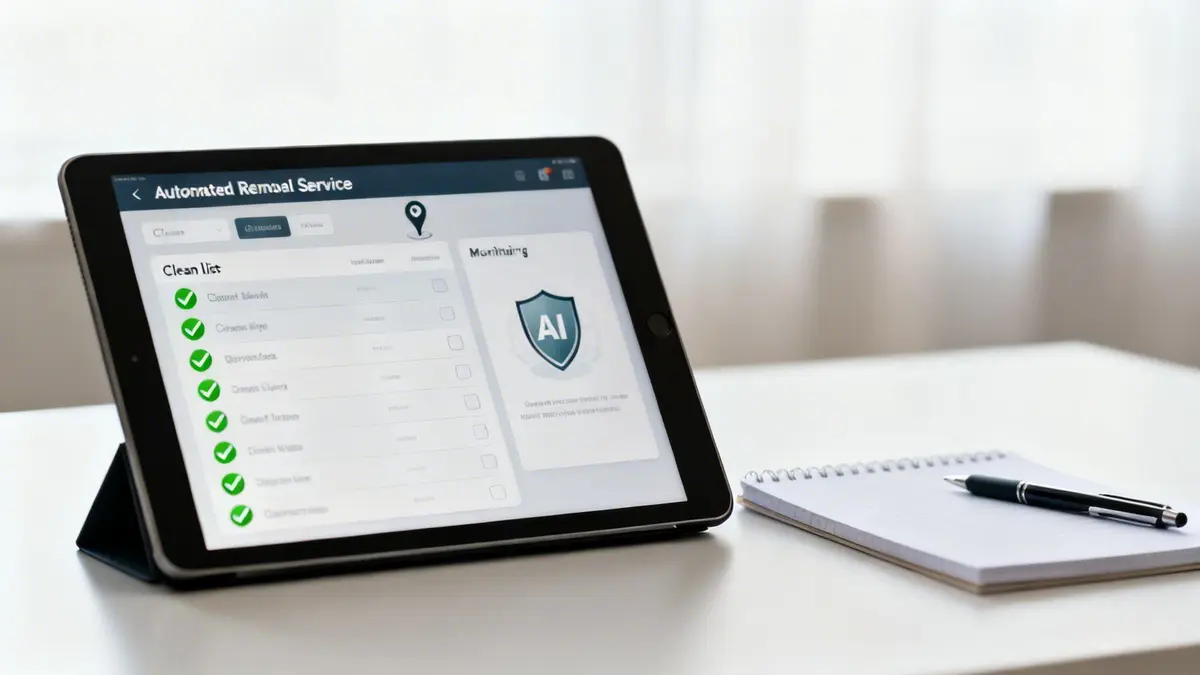 A tablet displaying an 'Automated Removal Service' dashboard, showing a clean list and AI monitoring with a notebook and pen.