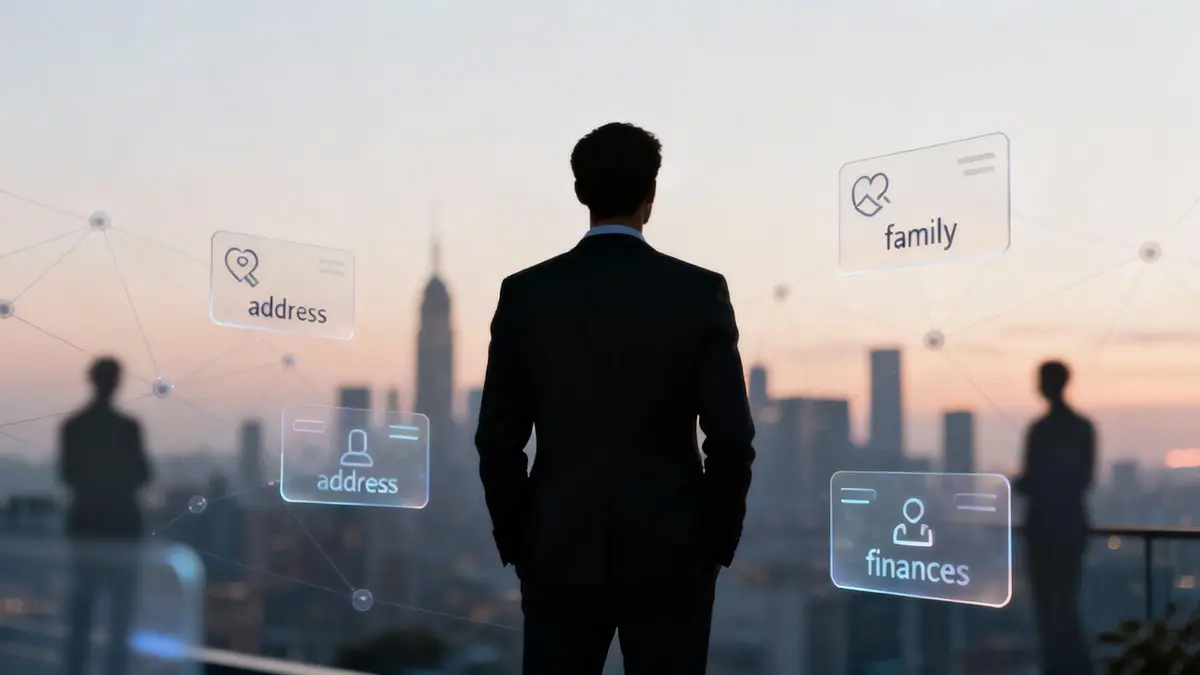 A man in a suit views a city skyline with glowing holographic cards showing 'address', 'family', and 'finances'.