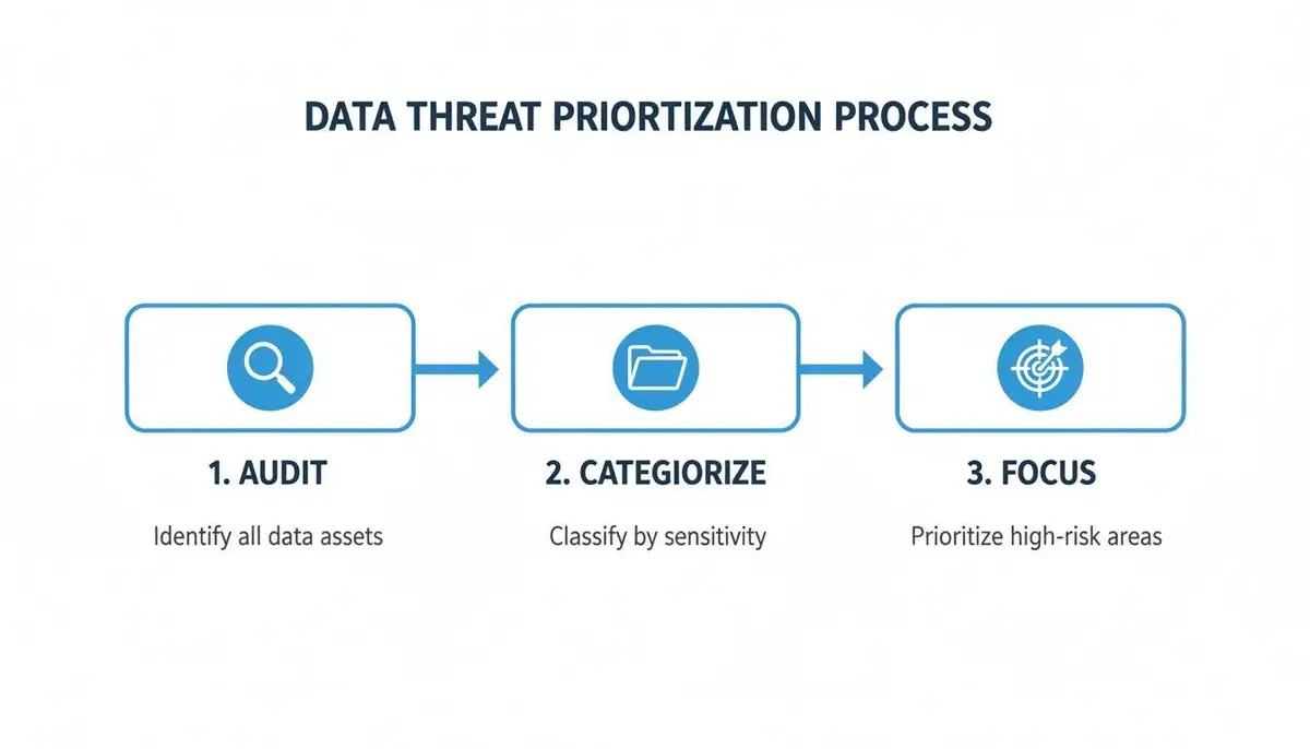 A diagram outlining the data threat prioritization process: Audit, Categorize, and Focus on high-risk areas.