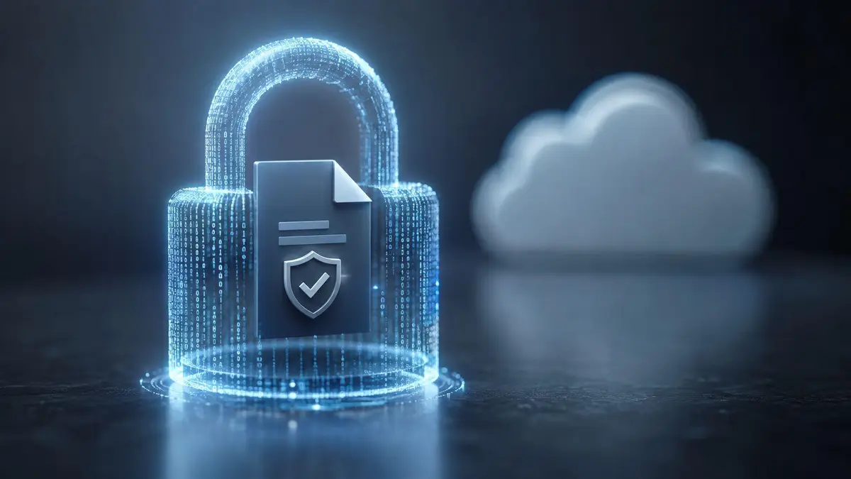 A digital padlock glowing with binary code symbols protecting a secure file icon in the cloud.