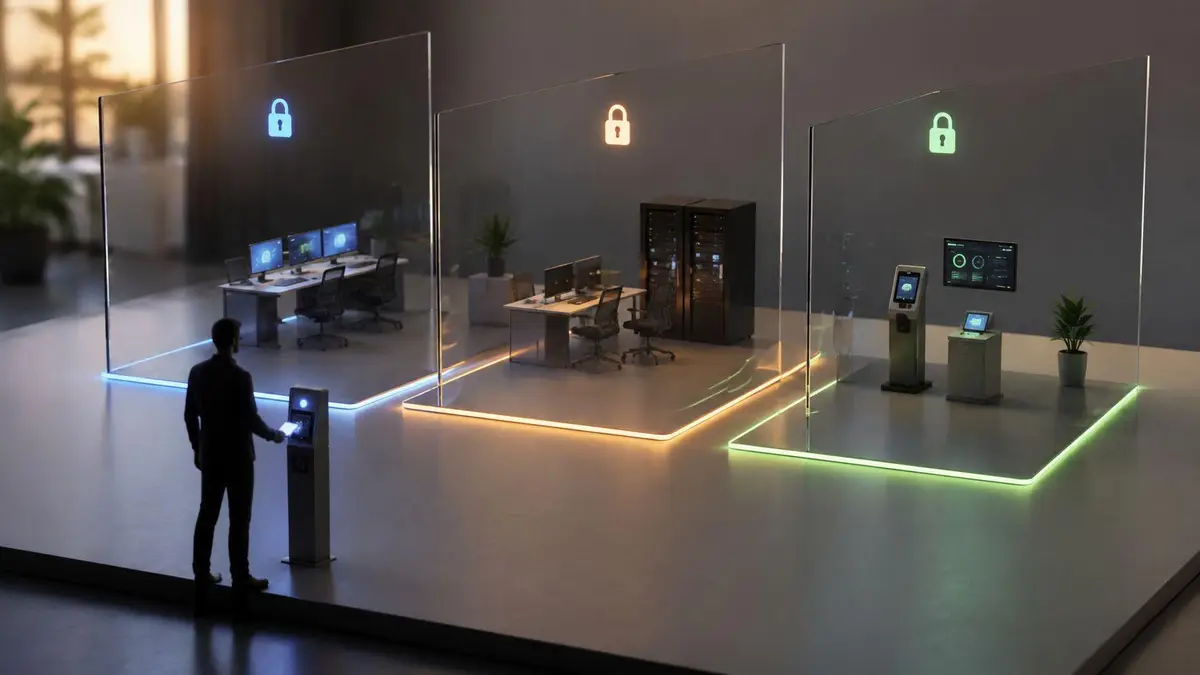 A businessman scanning a badge at a security terminal controlling access to three distinct digital workspaces.