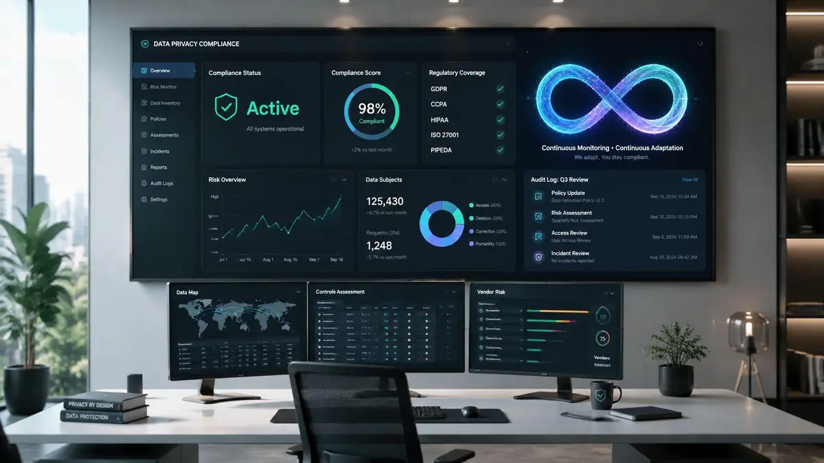 A modern office workspace featuring large monitors displaying a sophisticated data privacy compliance dashboard with analytical charts.