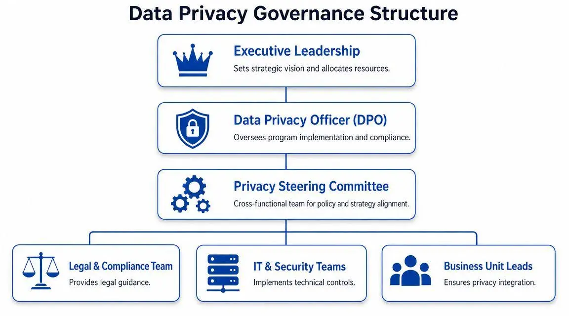 A hierarchical flowchart illustrating a data privacy governance structure within a corporate organizational framework.