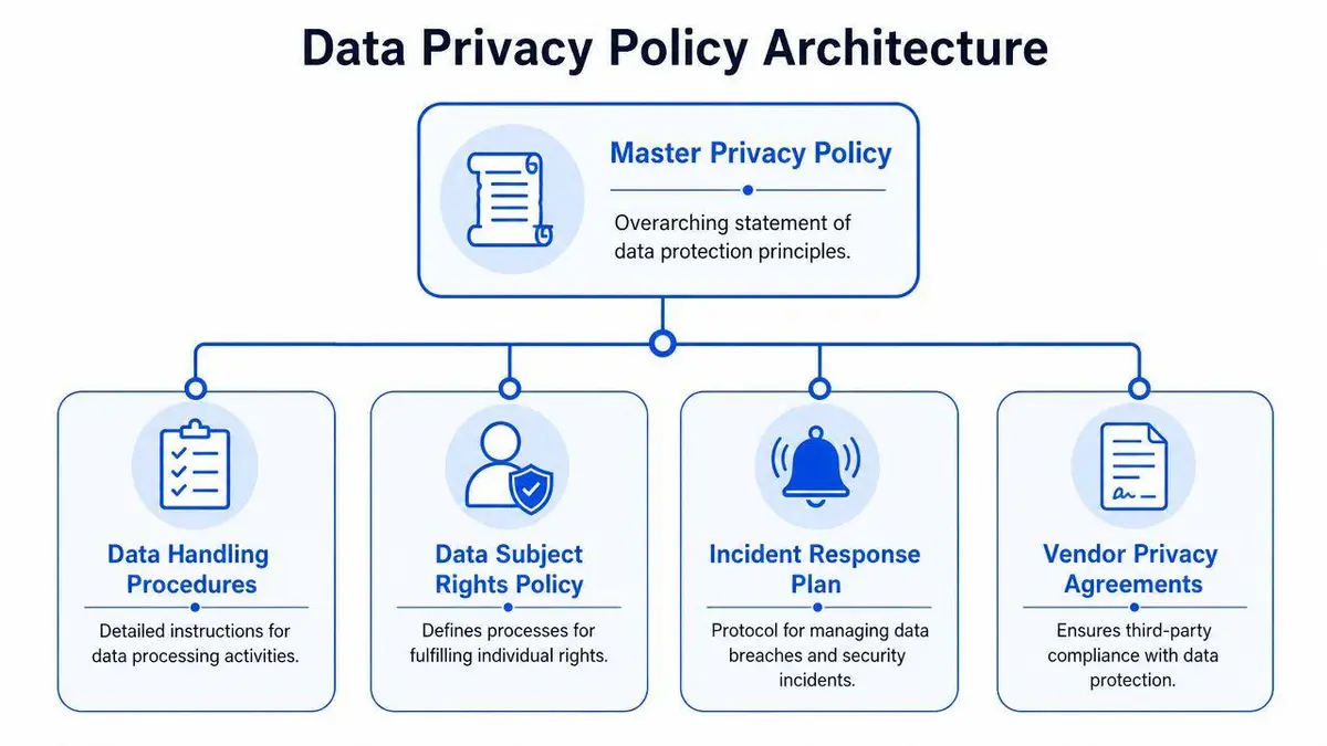 A diagram illustrating a data privacy policy architecture with a master policy and four sub-policies.