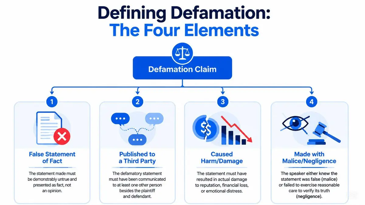 An infographic titled Defining Defamation showing the four legal elements required for a defamation claim.
