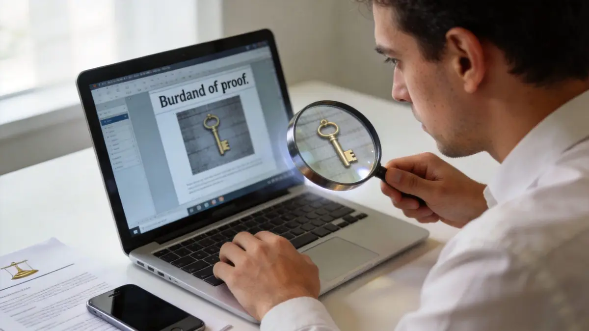 A professional analyzing a legal document about the burden of proof using a magnifying glass.