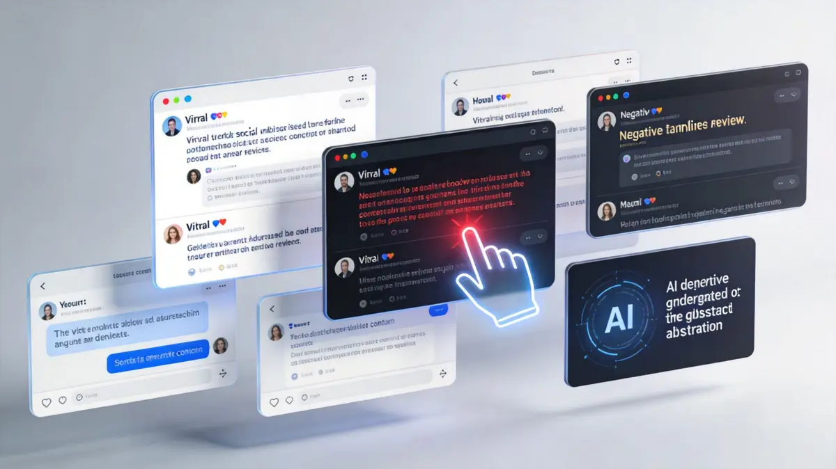 Floating digital social media windows depicting online harassment and workplace defamation through negative comment threads and posts.