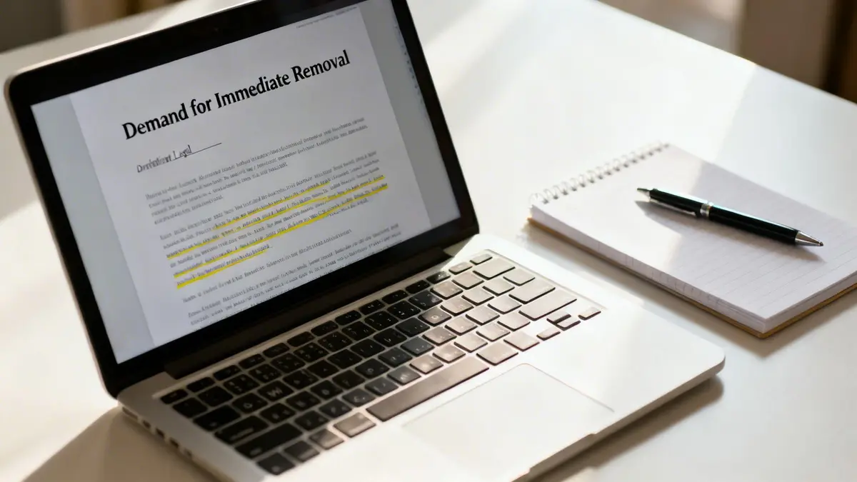 A laptop displays a legal demand letter for immediate removal, beside a notebook and pen.