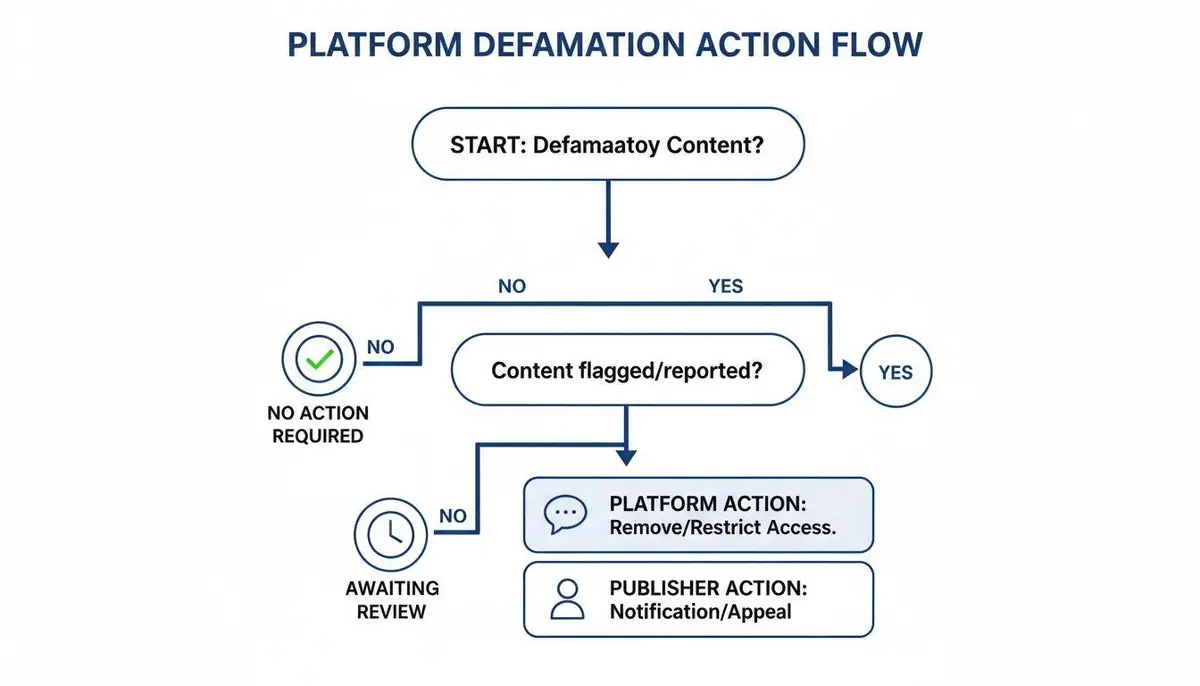 Flowchart illustrating the platform defamation action process, from content detection to various actions.