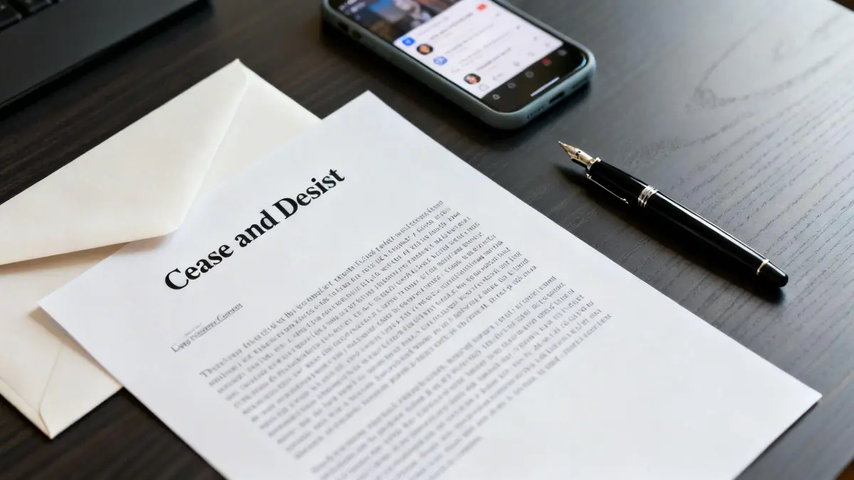 A 'Cease and Desist' letter on a desk with a fountain pen, envelope, and smartphone.