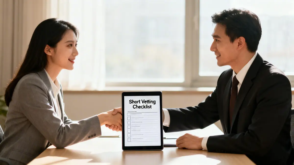 Two smiling business professionals shaking hands over a tablet displaying a 'Short Vetting Checklist'.