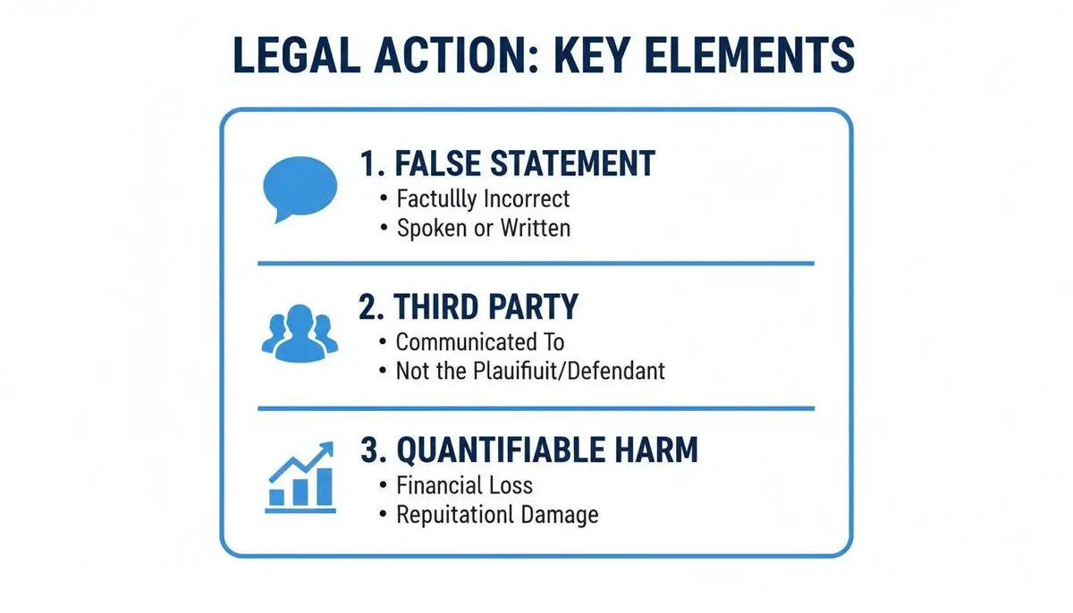 Infographic outlines three key elements for legal action: false statement, third party, and quantifiable harm.