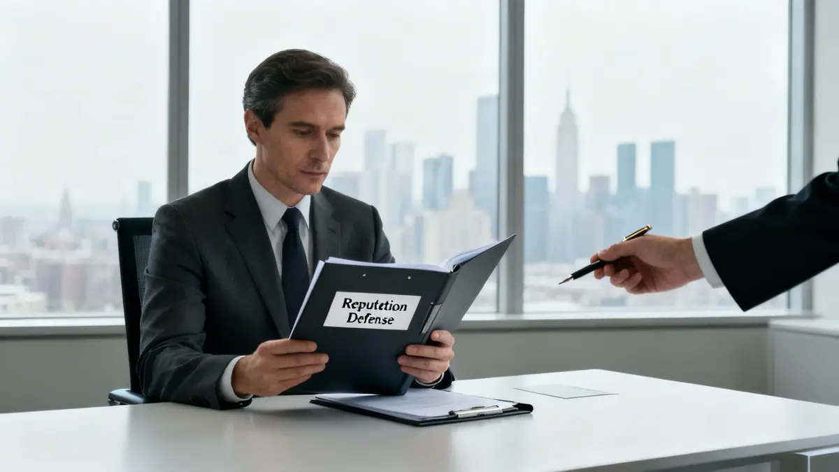 A businessman reviews a 'Reputation Defense' binder as another hand offers a pen in a city office.