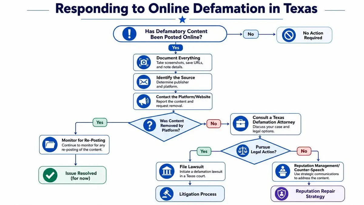 A flowchart titled Responding to Online Defamation in Texas, outlining legal steps to address online defamatory content.
