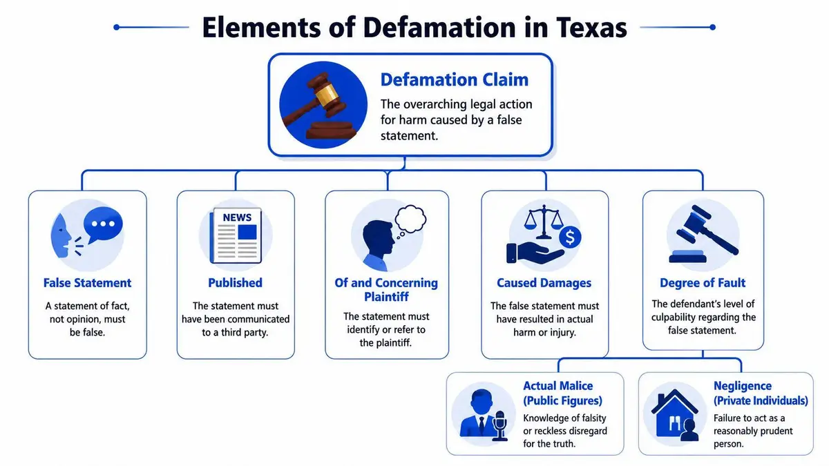 An infographic titled Elements of Defamation in Texas outlining key legal requirements for a defamation claim.