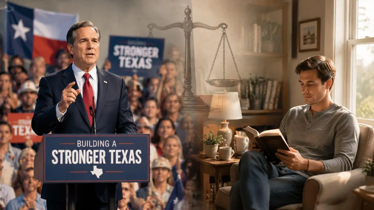 A split image showing a politician speaking at a podium and a man reading a book.