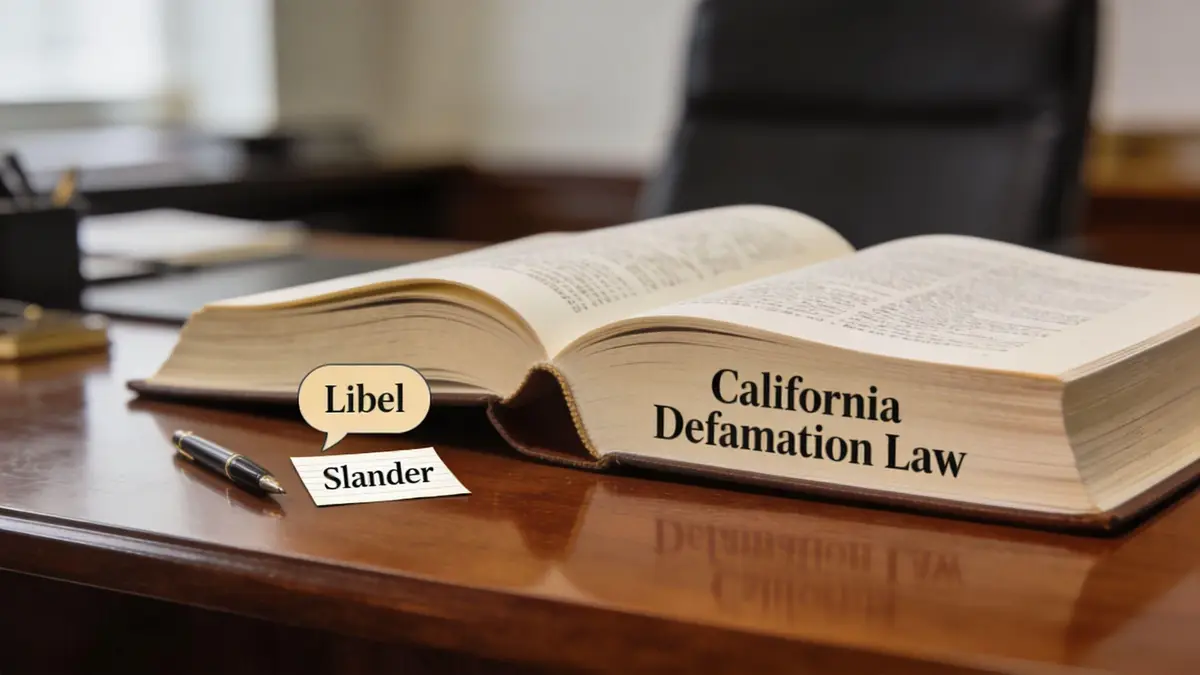 An open book titled California Defamation Law sits on a desk with a note saying Libel and Slander.