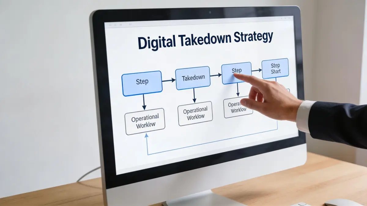 A professional analyzing a digital takedown strategy flowchart on a computer monitor in an office setting.