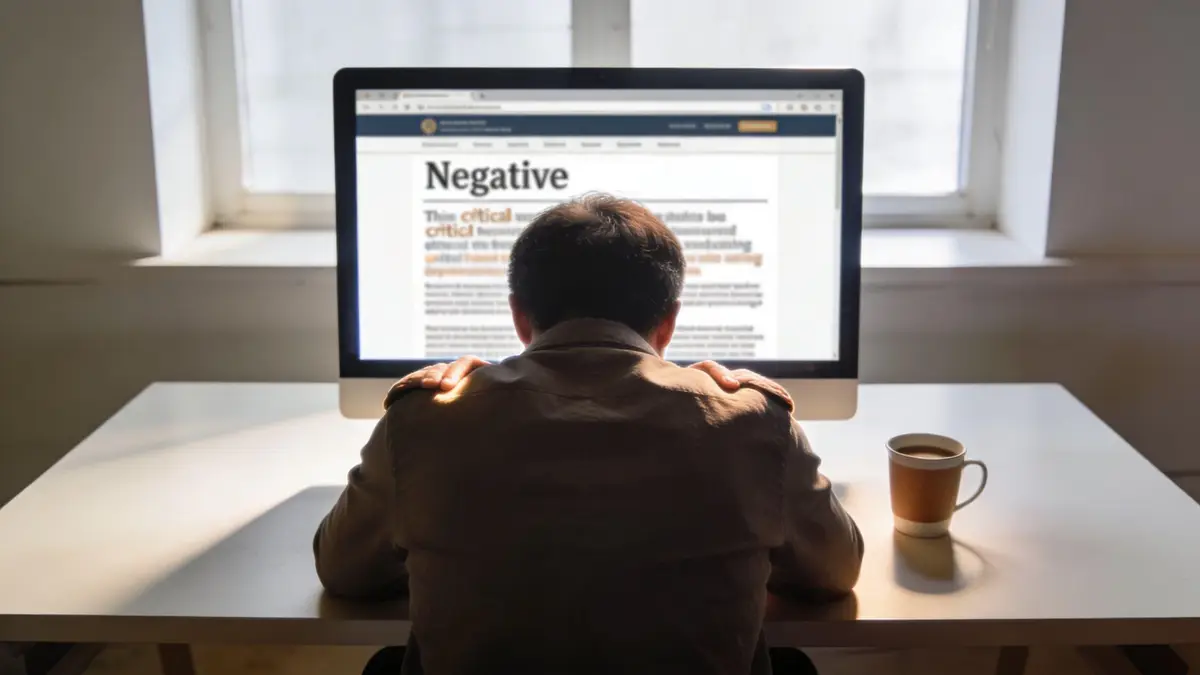A person sitting at a desk feeling stressed while reading negative news on their computer monitor.