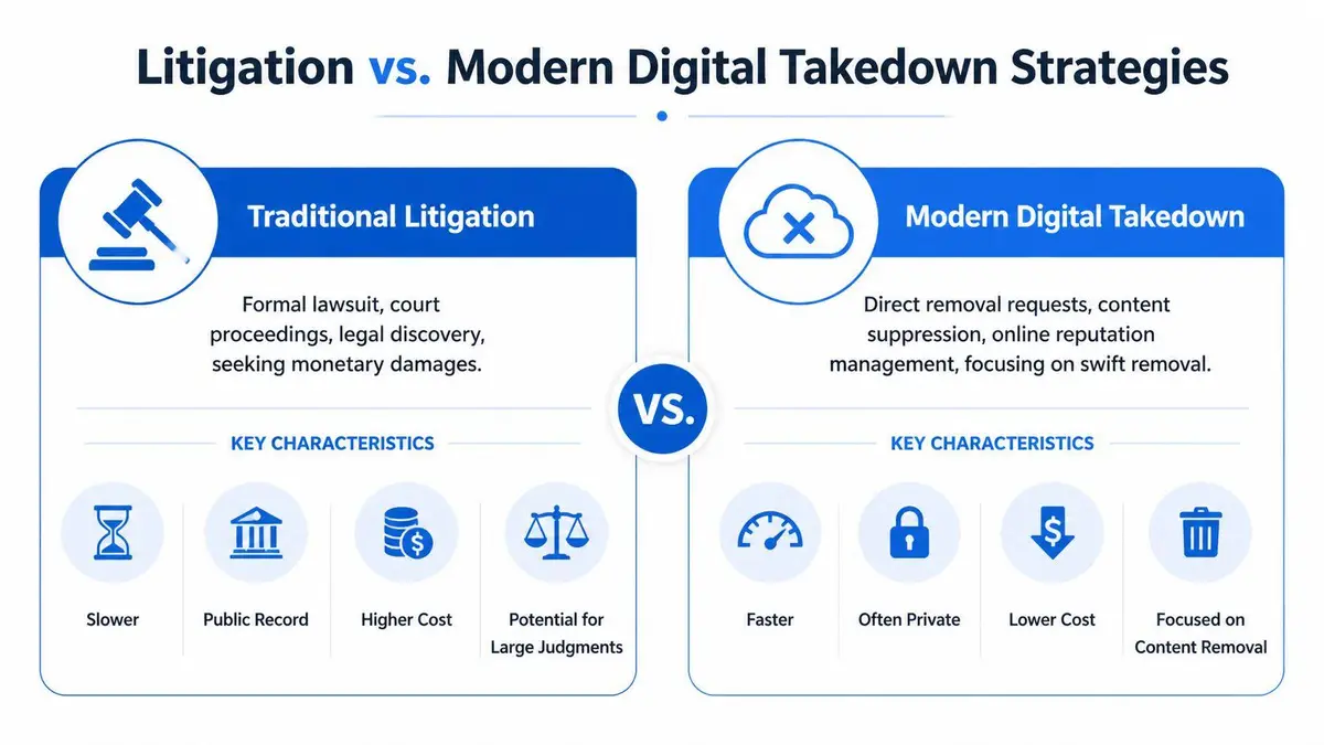 A comparison chart showing the differences between traditional litigation and modern digital takedown strategies for content removal.